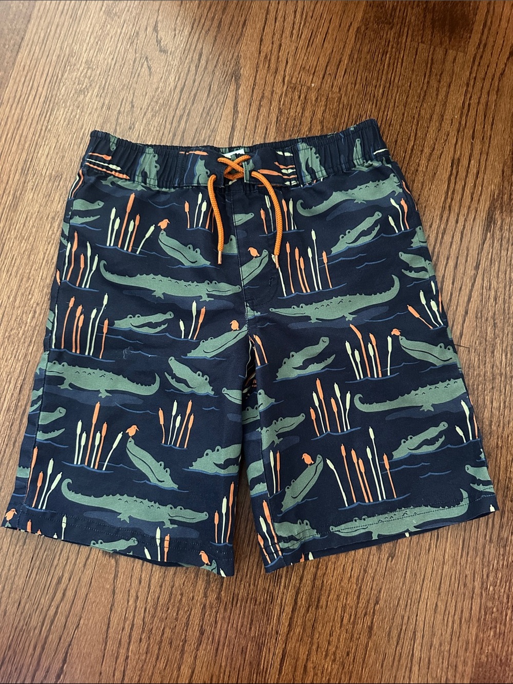 Janie and Jack Navy Alligator Print Swim Trunks with Orange Drawstring Size 10